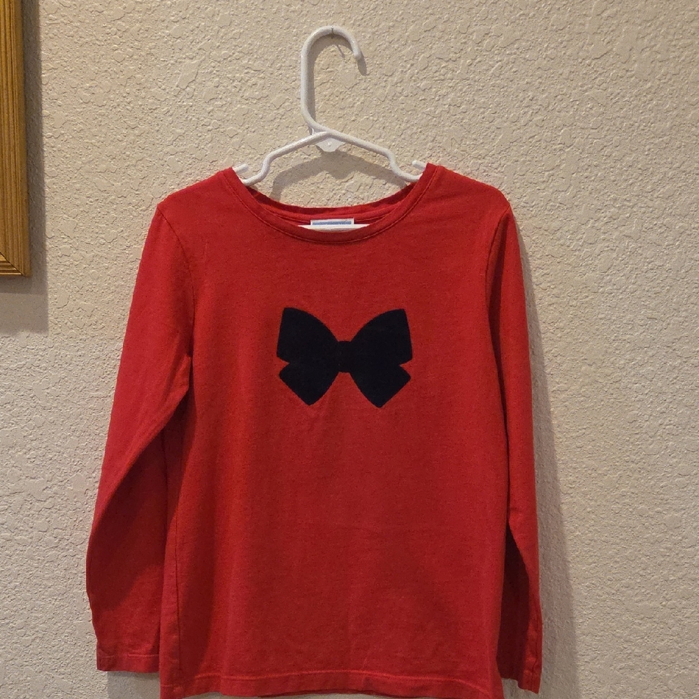 Jacadi Kids Vibrant Red Long Sleeve Tee with Navy Blue Bow.